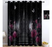Rideau Occultant Architecture Gothique Rose Papillon Rideaux, Noir Oeillets Isolant Anti Froid Polyester Rideaux L 140 X H 260 cm (2 Panneaux) pour Chambre Salon