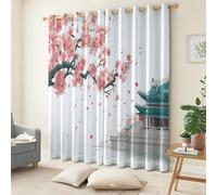 Rideau Occultant Blanc Rideaux à Oeillets Fleurs D'Architecture Chinoise Vintage Isolation Thermique Tenture Imprimé pour Salon Chambre Fenetre Maison Bureau Décoration, 75L x 166H cm (2 Panneaux)