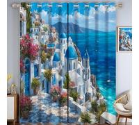 Rideau Occultant Bleu à Oeillets 117 X 137 cm Lot de 2, Rideaux Opaque Paysages côtiers Maisons à Ocean Town, Rideau Occultant Thermiques Anti Chaleur Intérieurs