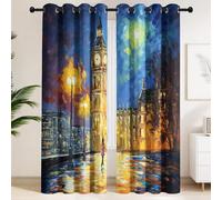 Rideau Occultant Bleu Foncé 140L x 175H cm 2pcs, Rideaux Lumière Bloquer Isolation Thermique pour Bureau Chambre, Tenture Opaque à Oeillets Peinture À L'Huile Impressionniste Big Ben Nuit Étoilée