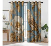 Rideau Occultant Bleu Or - Rétro Fleurs Oiseau Élégant Motif Rideaux Thermiques à Oeillets, Rideaux Imprimé pour Salon Chambre Fenetre Moderne Décoration, L 117 x H 230 cm (2 Panneaux)