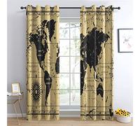 Rideau Occultant Carte du Monde Vintage - Lot de 2 Rideaux Thermiques Isolants Anti Froid Imprimé pour Salon Chambre Fenetre, Rideaux et Draperies Intérieurs à Oeillets, 117x183 cm (LxH)