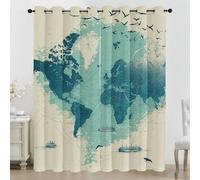 Rideau Occultant Carte Nautique Vintage - Décoration Bateau de Croisière Oiseau, Rideau Thermique Motif Navigation, Lot de 2 Rideaux Opaque à Oeillets pour Fenetre Chambre Salon, 140x225 cm (LxH)