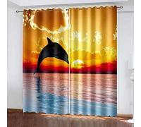 Rideau Occultant Chambre Lot De 2 - Paysage Marin De Dauphin Au Coucher du Soleil 3D 140 (L) X 160 (H) Cm Imprimé Rideaux Salon Opaque À Oeillets,Rideaux Isolant Thermique Et Sonore, Décoration De Fe