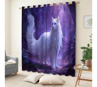 Rideau Occultant Chat,Rideaux Thermiques à Oeillets,Chat Blanc De La Forêt Mystique Rideaux Salon,Lot de 2 Décoration de Fenêtre pour Enfant Fille Garcon Rideaux 132x214cm（LxH）