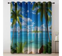 Rideau Occultant Coloré, Motif Imprimé Nature Plage Voilier Palmiers, Lavable Machine Rideaux à économie d'énergie insonorisants et réducteurs de Bruit L70×H160 cm Lot de 2 Rideaux Intérieurs