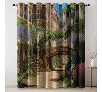 Rideau Occultant Coloré, Pastoral Ville Architecture Fleurs Motif Rideaux Thermiques à Oeillets, Rideaux Imprimé pour Salon Chambre Fenetre Moderne Décoration, L117×H230 cm, Lot de 2