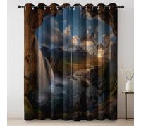 Rideau Occultant Coloré, Thermique Isolant Rideau, Lot de 2 Rideaux Opaque à Oeillets L140×H260 cm, Rideaux De Fenêtre Nature Grotte Cascade Coucher de Soleil pour Chambre Cuisine Décoration