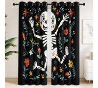 Rideau Occultant Dessin Animé - Rideau Opaque Isolant Thermique et Phonique, Têtes De Mort Botanique Fête Des Morts Humour Noir Décoration Rideaux pour Culture Mexicaine (Noir, 140L x 160H cm)