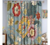 Rideau Occultant Exotique Rideaux Thermique Isolant, Rideaux Fenêtre Opaques à Oeillets Magnifique Motif Floral Rétro Anti Chaleur UV pour Dressing Salon Chambre, 140L X 175H cm Couleur Œuf De Canard