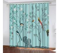 Rideau Occultant Fleurs Et Oiseaux 3D Impression Polyester Rideau Bleu Rideau Chambre Salon Rideaux Oeillets Décor Intérieur 220x215 cm LxH