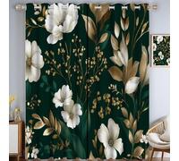 Rideau Occultant Fleurs Sauvages Élégantes Rideaux Thermiques à Oeillets Fleurs À Feuilles D'Ors Lot de 2 Draperies Décoration De Fenêtre pour Chambre Salon Salle à Manger, 140L X 160H cm, Vert Foncé