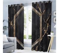 Rideau Occultant Fond Marbré, Rideau Isolant Thermique pour Salon Chambre, Rideaux Bordure Hexagonale Dorée, Lot de 2 Rideaux et Draperies Intérieurs à Oeillets, 140 x 260 cm (LxH)