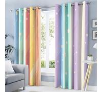 Rideau Occultant Fond Rétro À Rayures, Rideau Isolant Thermique pour Salon Chambre, Rideaux Étoiles Mignonnes, Lot de 2 Rideaux et Draperies Intérieurs à Oeillets, 140 x 245 cm (LxH)