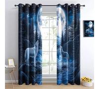 Rideau Occultant Forêt Magique des Loups de la Lune Draperies Intérieurs Bleu Rideaux Thermiques à Oeillets, Rideaux Imprimé pour Salon Chambre Fenetre Moderne Décoration91.5L X 214H cm (2 Panneaux)