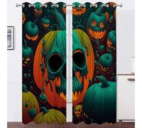 Rideau Occultant Halloween Thermique à Oeillets Rideaux Citrouille Squelette Verte Voilage Fenetre pour Salon/Chambre, Isolation Lumière & Économie d’Énergie, Lot de 2 (140x160 cm) AE292