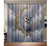 Rideau Occultant Hibou Sur La Lune - Rideau Thermique Nuages Et Étoiles À L'Aquarelle, Rideaux Chambre Salon Fenetre, Lot De 2 Rideaux Et Draperies Intérieurs À Oeillets, 140 X 240 Cm