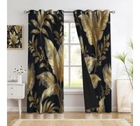 Rideau Occultant Imprimé Plantes Tropicales Dorées, Lot De 2 Rideaux Occultant Thermique Isolant À Oeillets, Luxe Moderne, Decoration Chambre Salon Fenetre, 140 X 225 Cm