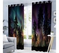Rideau Occultant Isolant Thermique, Anti Froid Rideaux Opaque pour Chambre Coucher Salon Fantastique Décor Chambre, Motif Forêt De Pins Aurores Boréales, 132L X 213H cm, 2 Panneaux, Violet-Vert