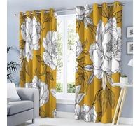 Rideau Occultant Isolant Thermique, Anti Froid Rideaux Opaque pour Chambre Coucher Salon Peinte À La Main Décor Chambre, Motif Pivoine Feuilles, 132L X 213H cm, 2 Panneaux, Jaune Moutarde