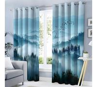 Rideau Occultant Isolant Thermique, Anti Froid Rideaux Opaque pour Chambre Coucher Salon Rêve Décor Chambre, Motif Brouillard Forêt, 140L X 240H cm, 2 Panneaux, Bleu-Vert
