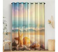Rideau Occultant Isolant Thermique, Anti Froid Rideaux Opaque pour Chambre Coucher Salon Rêve Plage Décor Chambre, Motif Soleil Étoiles De Mer Coquillages, 140L X 225H cm, 2 Panneaux, Coloré