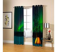 Rideau Occultant Isolant Thermique Salon Chambre Enfant Rideaux À Oeillets 3D Paysage D'Aurores Boréales Vertes Motif Rideaux Acoustiques Draperies Intérieurs Décoration De Fenêtre 264X214Cm