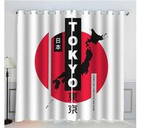 Rideau Occultant Japon 3D Polyester Opaque Rideaux Salon Multicolore Rideau Chambre Tokyo Blanc Rouge Rideaux Oeillets Décor Intérieur Opaque Chambre Adulte（220x215 cm）