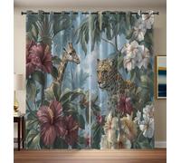 Rideau Occultant Léopard Et Girafe - Rideau Thermique Animaux Des Forêts Tropicales, Lot De 2 Rideaux Opaque À Oeillets Pour Fenetre Chambre Salon, 132 X 214 Cm, Vert Sauge