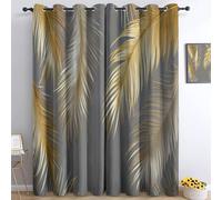 Rideau Occultant Lignes Palmiers Feuilles Polyester Rideaux Thermique Isolant Décoratif, Anti Bruit et Anti Froid à Oeillets Rideaux pour Chambre et Salon Gris Or 150L X 280H cm (2 Panneaux)
