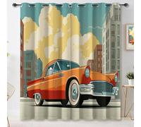 Rideau Occultant Lot de 2, 110 x 215 cm Multicolore Américain Vintage Rideaux, Voitures Ville Bâtiments Urbains Nuages Thermique Isolant Rideau, Anti Froid Chaleur Rideaux pour Chambre à coucher Salon