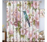 Rideau Occultant Lot de 2, 140x160cm Rideau Thermique Isolant Fleurs Et Colibris Rideaux Anti Froid Et Chaleur Scène De Campagne Printanière Rideaux Décoratif à Oeillets pour Salon Et Chambre, Pêche