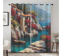 Rideau Occultant Méditerranée, Rideaux Motif Paysage Côtier , pour Salon et Chambre, Rideau Opaque à Oeillets, Italie Rustique Isolant Thermique Lot de 2 Rideaux et Draperies 140x260cm LxH -Bleu