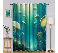 Rideau Occultant Méduse Verte Thermique à Oeillets Rideaux sous Marins Voilage Fenetre pour Salon/Chambre, Isolation Lumière & Économie d’Énergie, Lot de 2 (140x180 cm) AJ909