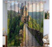 Rideau Occultant, Motif Château Route, Rideaux Thermiques Imprimé Vintage Architecture pour Salon Chambre Fenetre, Lot de 2 Rideaux et Draperies Intérieurs à Oeillets, 140L X 200H cm, Vert