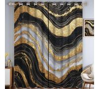Rideau Occultant Motif De Vagues en Feuille d'or - Décoration de Porte Fenêtre Intérieurs Géométrie Moderne Tenture Opaque Anti Chaleur Anti Froid avec Oeillets, 140L X 175H cm 2 Panneaux, Or Noir