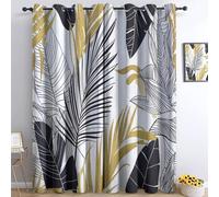 Rideau Occultant Motif Feuilles De Palmier Géométriques De Luxe 3D Impression Rideaux Thermique Isolant à Oeillets Anti Froid Rideaux pour Chambre Décoration 91.5L X 214H cm (2 Panneaux), Blanc Or