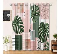Rideau Occultant, Motif Feuilles Monstera Formes géométriques Points carré - Rideaux Thermiques Rose Vert Imprimé pour Salon Chambre Fenetre, Lot de 2 Rideaux et Draperies Intérieurs, L117×H230 cm