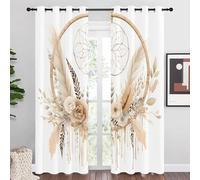 Rideau Occultant Motif Fleurs Brunes, Rideaux Blanc Marron 2 Pièces L 140 x H 175, Thermique Anti UV Tenture Opaque à Oeillets Bohême Decoration Chambre Maison Salon Intérieurs, A105