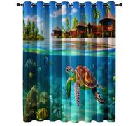 Rideau Occultant Motif Île Tropicale Mer Animaux Chaumière Bleu Marron, Rideau Thermique Isolant Anti Chaleur Tenture Opaque à Oeillets Isolation Chambre Maison Salon, 150L X 280H cm (2 Panneaux)