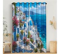 Rideau Occultant, Motif Méditerranée Îles, Rideaux Thermiques Imprimé Villes Architecture pour Salon Chambre Fenetre, Lot de 2 Rideaux et Draperies Intérieurs à Oeillets, 140L X 200H cm, Bleu