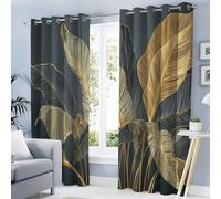 Rideau Occultant, Motif Or Feuille De Bananier, Rideaux Thermiques Imprimé Moderne Luxe pour Salon Chambre Fenetre, Lot de 2 Rideaux et Draperies Intérieurs à Oeillets, 140L X 225H cm, Gris foncé