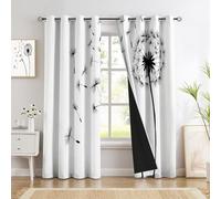 Rideau Occultant Motif Simple Pissenlit - Rideau Thermique Dessin Au Trait en Noir Et Blanc, Lot De 2 Rideaux Opaque À Oeillets pour Fenetre Chambre Salon, 132 X 214 Cm, Blanc