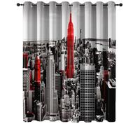 Rideau Occultant Motif Skyline Rétro De New York Gris Rouge, Rideau Thermique Isolant Anti Chaleur Tenture Opaque à Oeillets Isolation Anti UV Chambre Maison Salon, 70L X 160H cm (2 Panneaux)
