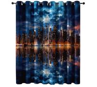 Rideau Occultant Motif Style Cinéma New York Scène De Nuit Bleu Orange, Rideau Thermique Isolant Anti Chaleur Tenture Opaque à Oeillets Isolation Chambre Maison Salon, 85L X 200H cm (2 Panneaux)