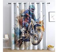 Rideau Occultant Moto Cross - Rideau Thermique Motif Garçon Pilote de Motocross, Rideaux Chambre Salon Fenetre, Lot de 2 Rideaux et Draperies Intérieurs à Oeillets, 75x166 cm (LxH) G&-233