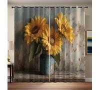 Rideau Occultant Murs en Bois Tournesols Jaune-Vert, Motif Campagne Ferme, Rideau Thermique Isolant à Oeillets, Rideaux Fenetre Imprimé pour Salon Chambre Décoration, Lot de 2, 140L X 225H cm