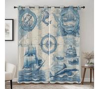 Rideau Occultant Nautique, Rideaux Motif Voilier Vintage, pour Enfant Adulte, Rideau Opaque à Oeillets, Carte Isolant Thermique Lot de 2 Rideaux et Draperies Intérieur 140x245cm LxH -Bleu Clair