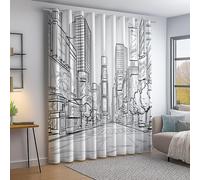Rideau Occultant Noir Blanc, Thermique Isolant Lot de 2 Rideaux Opaque à Oeillets L140×H245 cm, Rideaux De Fenêtre Peint à la Main Style Dessin animé Architecture pour Chambre Cuisine Décoration