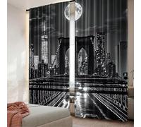Rideau occultant Noir et Blanc à 2 Panneaux, scène Nocturne de New York, Vie Urbaine, Brooklyn, Manhattan, pour Chambre à Coucher, Salon WxH/2x140x240cm